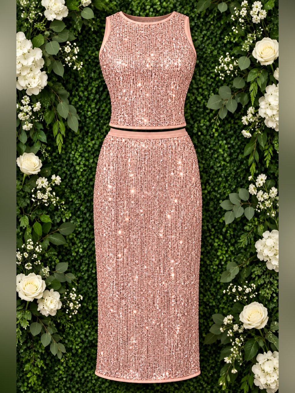 Dusty Rose Sequin 2-Piece Crop Top & Maxi Skirt Set